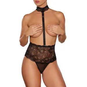 Allure Love Bug High-Waisted Lace Thong with Tie Back and Lace Collar Black O/S