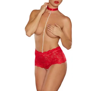 Allure Posh & Spicey High-Waisted Lace Thong with Pearl String and Collar Red O/S