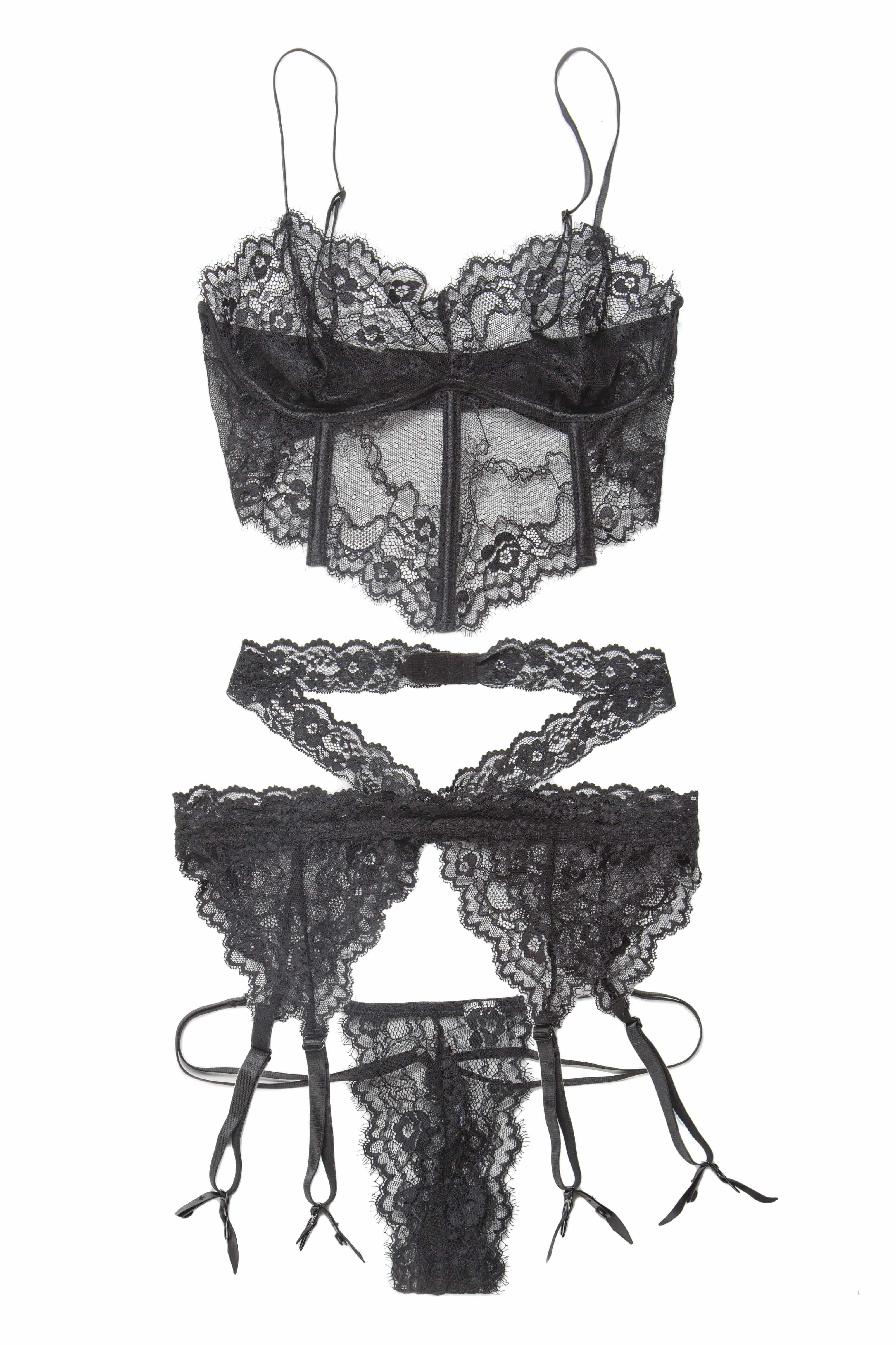 Coquette Black Lace Bra. G-String. and Garter Belt Plus Size Set