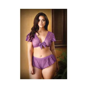 Curve Kate Lace Tie Front Crop Top With Matching Tap Panty 1x/2x Amethyst