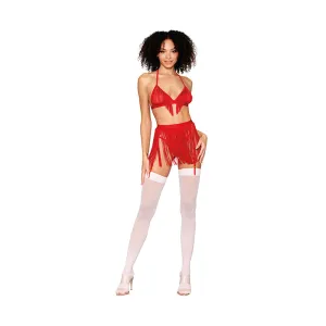 Dreamgirl Chainette Fringe Bralette. Garter Belt. and G-String Set Ruby O/S