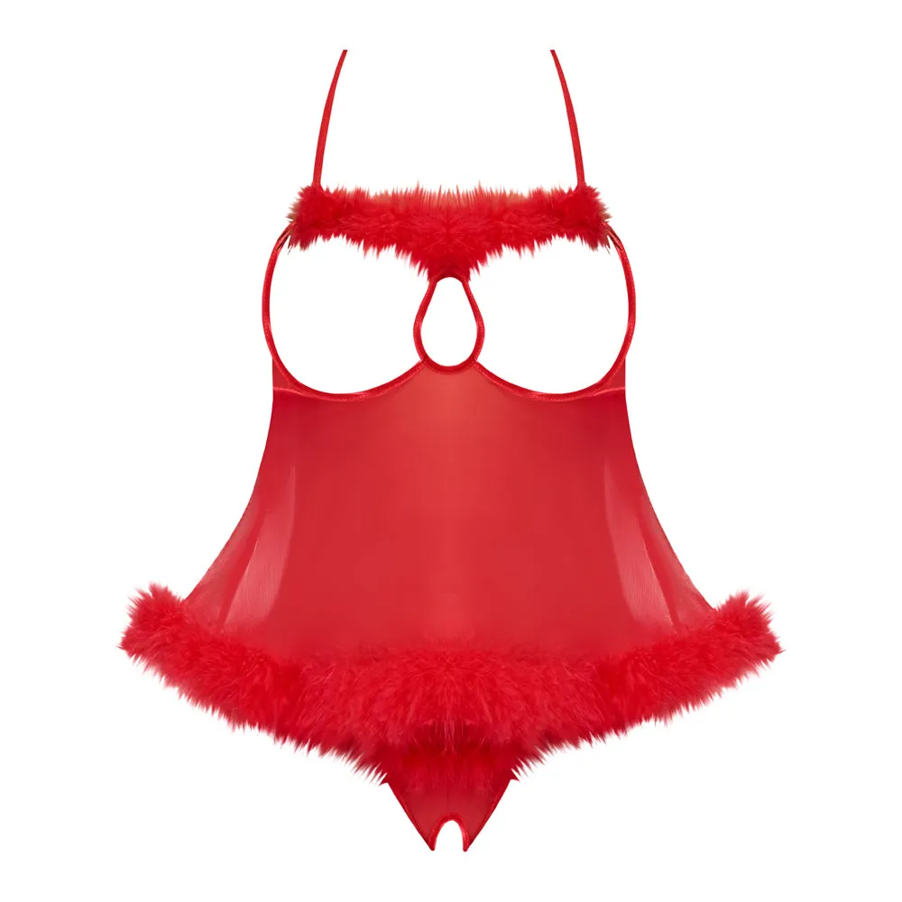 Magic Silk Marabou Cupless & Crotchless Babydoll Set Red L/xl