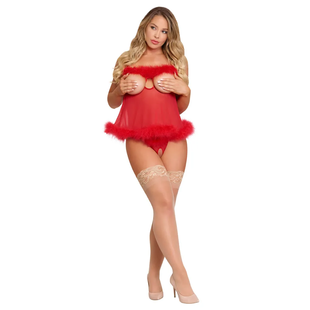 Magic Silk Marabou Cupless & Crotchless Babydoll Set Red L/xl