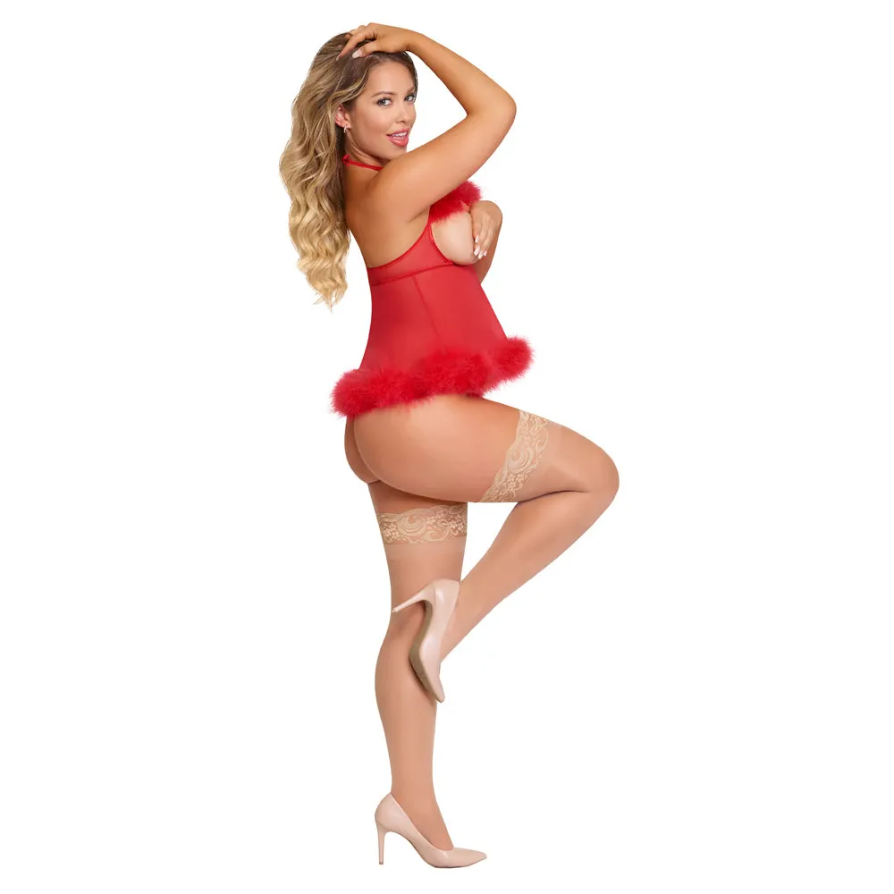 Magic Silk Marabou Cupless & Crotchless Babydoll Set Red L/xl
