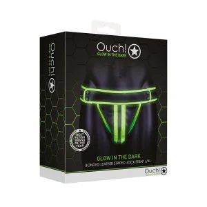 Ouch! Glow in the Dark Bonded Leather Striped Jockstrap Neon Green L/XL