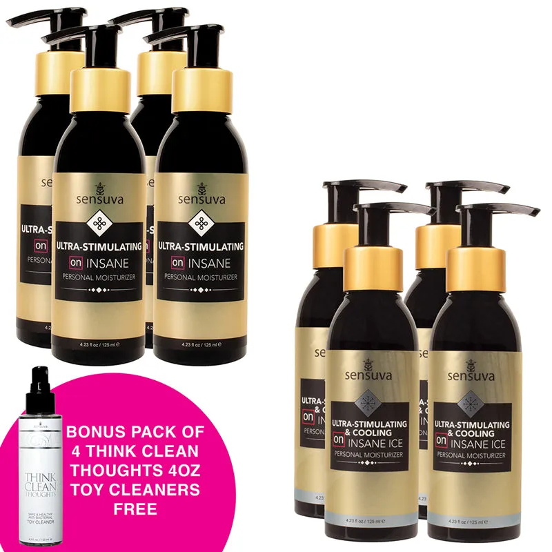 Pack of 4 Ultra-Stimulating Insane Personal Moisturizer 4.2 oz./Pack of 4 Ultra-Simulating Insane ICE Personal Moisturizer 4.2 oz.  Free Bonus Pack of 4 Think Clean Thoughts Toy Cleaner 4.2 oz.