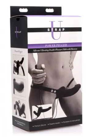 Power Pegger Silicone Vibrating Double Dildo With  Harness - Black