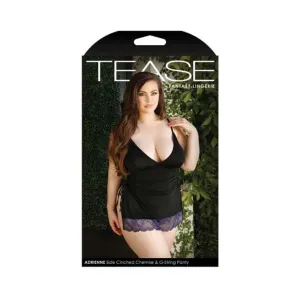 Tease Adrienne Side-cinched Microfiber Chemise With Floral Lace Trim & G-string Panty Black 1x/2x